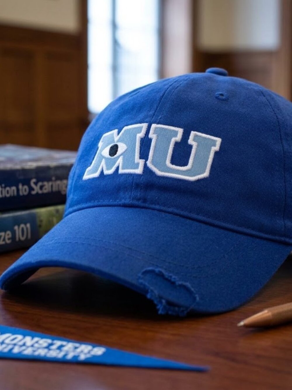 Retro Monsters University Hat Mike Wazowski MU Blue Distressed Dad Cap Pixar New